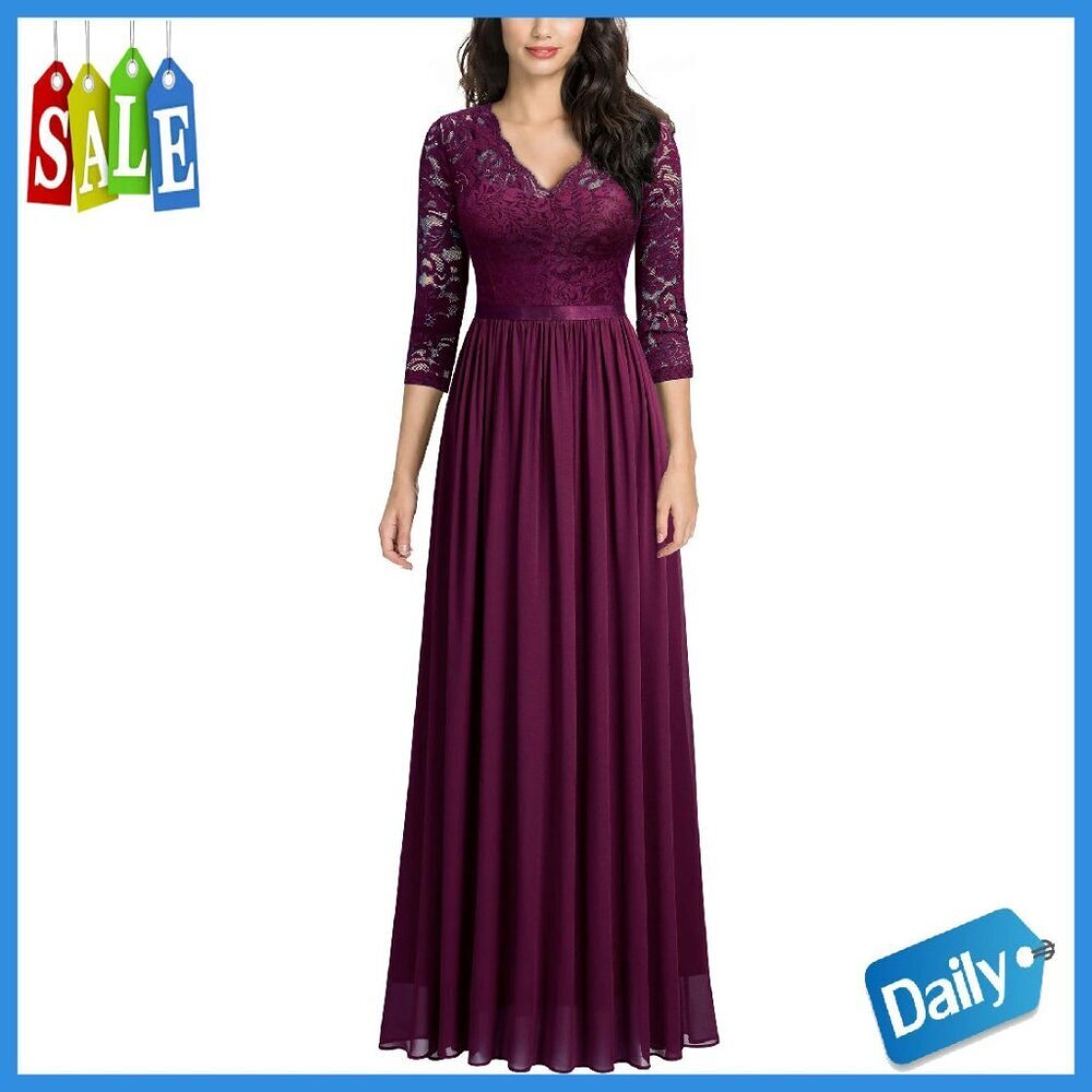 Vintage Floral Lace V Neck Formal Long Dress Evening Bridesmaid